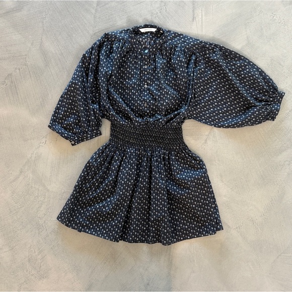 Rebecca Taylor Navy Blue Floral Long Sleeve x Material Smocked Waist Mini Dress - Picture 7 of 12